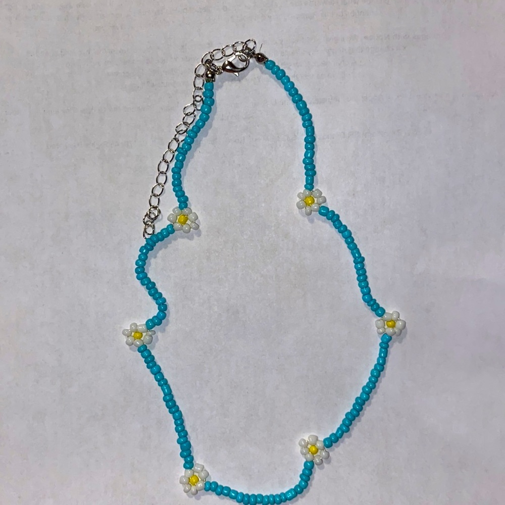 New Handmade Daisy Necklace Seed Beaded Flower Turquoise Chain Choker 18”